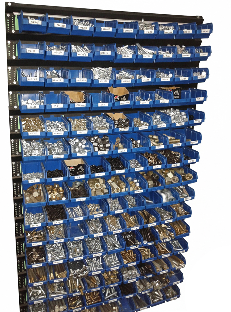 Стелаж металевий односторонній з метизними ящиками 1800 мм, 126 ящиків з первинної сировини, Рістел